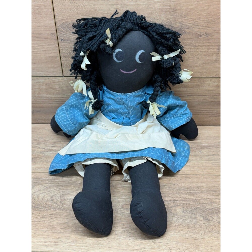 Vintage Handmade Cloth Folk Art Doll 21" Yarn Braids Calico Dress Rag Doll